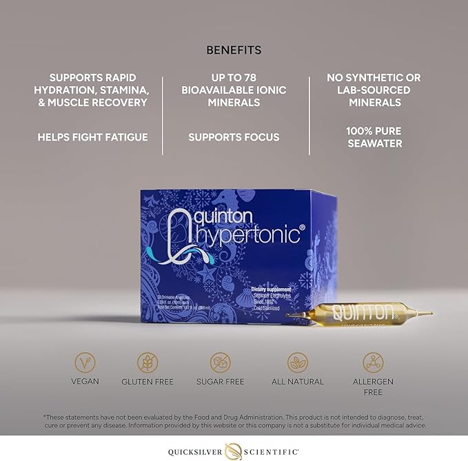 Quicksilver Scientific Original Quinton Hypertonic Solution - Sea Water Hydration - Liquid Minerals with Electrolytes for Muscle Recovery Stamina+Mineral Replenishment (30 Single Serving Glass Vials)