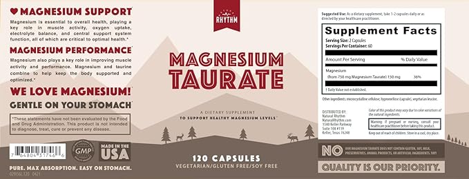 Magnesium Taurate 750mg (150mg Elemental Magnesium) – 120 Vegetarian Capsules – High-Absorption Magnesium Taurate Supplement for Heart Muscle and Nerve Support – Non-GMO Gluten-Free Made in USA
