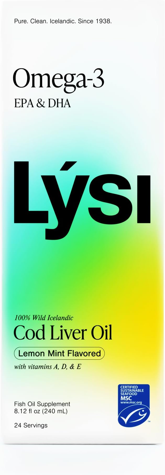 LYSI Icelandic Cod Liver Oil Liquid Supplement – 1100 mg Omega-3 per Teaspoon – EPA 740 mg &amp DHA 920 mg per 2 TSP – with Vitamins A D &amp E – Mint Flavor – 8.12 fl oz (24 Servings)