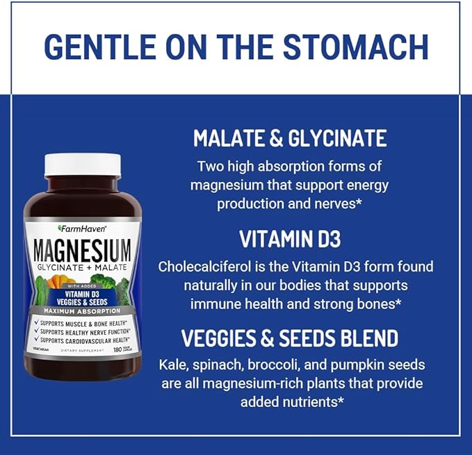 FarmHaven Magnesium Glycinate &amp Malate Complex w/Vitamin D3 100% Chelated for Max Absorption Vegetarian – Bone Health Nerves Muscles 180 Capsules 90 Days