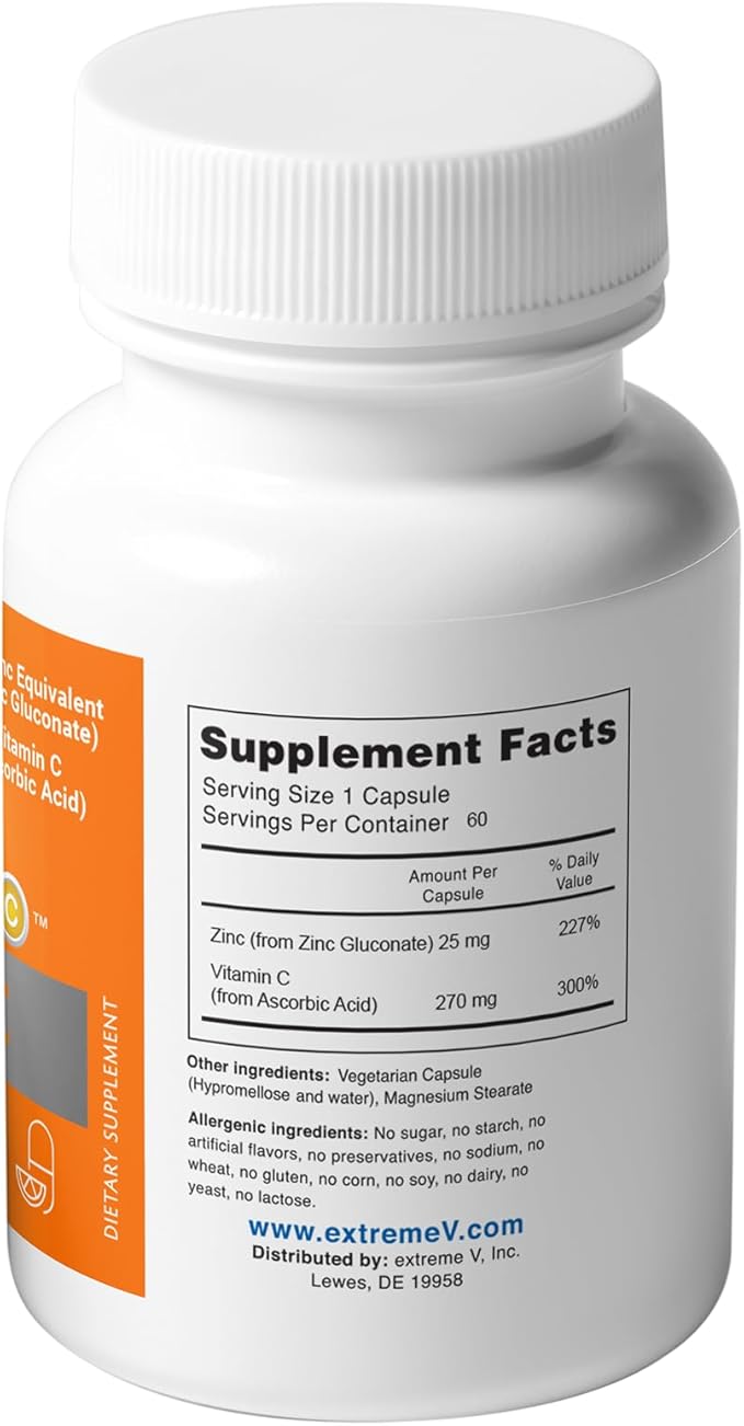 GluzinC Zinc &amp Vitamin C Supplement | 25 mg Zinc Gluconate + 270 mg Ascorbic Acid | Daily Immune Nutrients | 60 Veg Caps