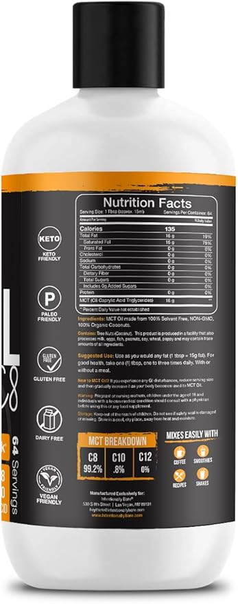 Intentionally Bare MCT Oil - Coconut Oil with 99.2% C8 and 0.8% C10 for Clean Energy Brain Health &amp Focus - MCT Oil C8 for Keto Paleo &amp Vegan Diet - Unflavored Coconut MCT for Coffee &amp S