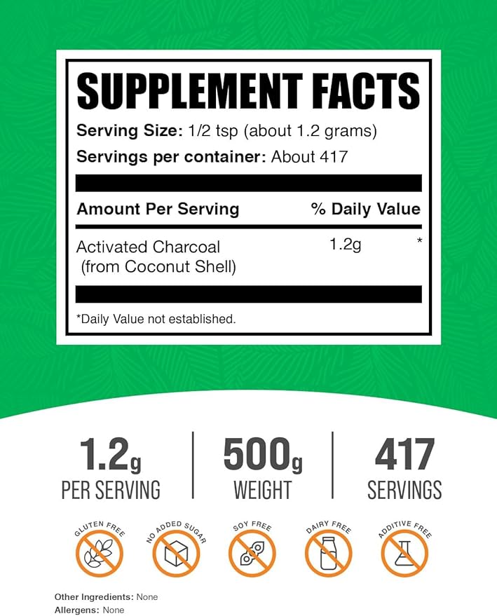 BulkSupplements.com Activated Charcoal Powder - from Coconut Charcoal for Teeth Whitening - Vegan &amp Gluten Free 1.2g per Serving 500g (1.1 lbs) (Pack of 1)