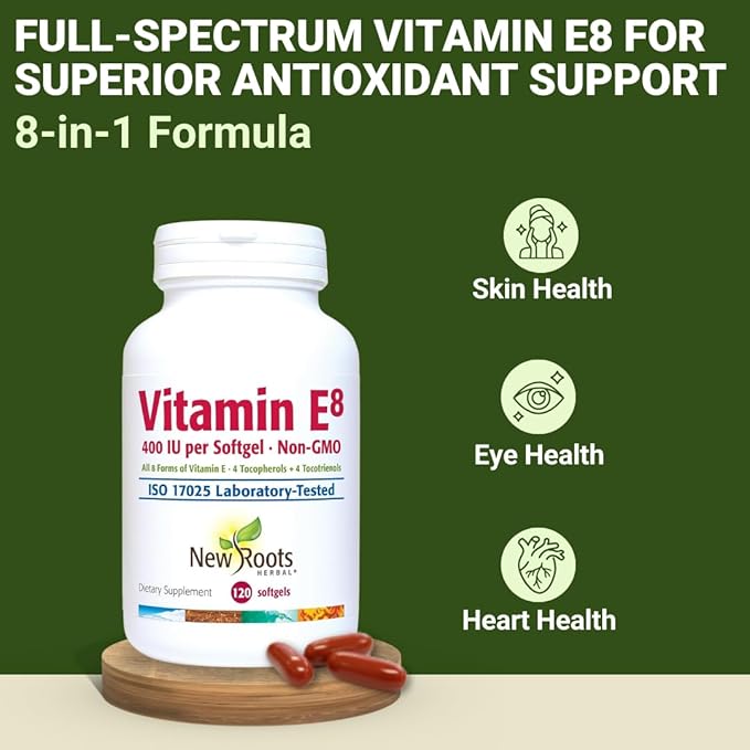 NEW ROOTS HERBAL Vitamin E 400 IU Capsules | Vitamin E8 Supplement (120 Softgels) with All 8 Types of Vitamin E | 4 Tocopherols &amp 4 Tocotrienols for Women &amp Men