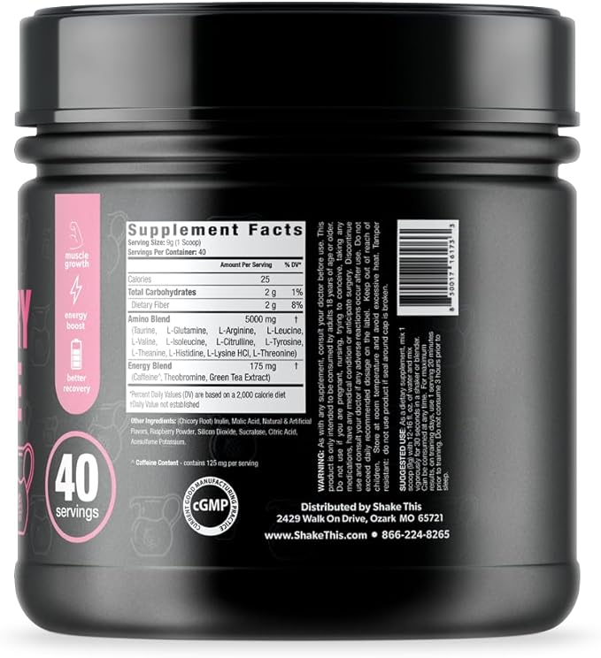Amino+ Powder - Pre and Post Workout with Caffeine + Green Tea Extract - BCAA Amino Acids Zero Sugar Low Calorie Superior Taste 40 Servings (Raspberry Lemonade)