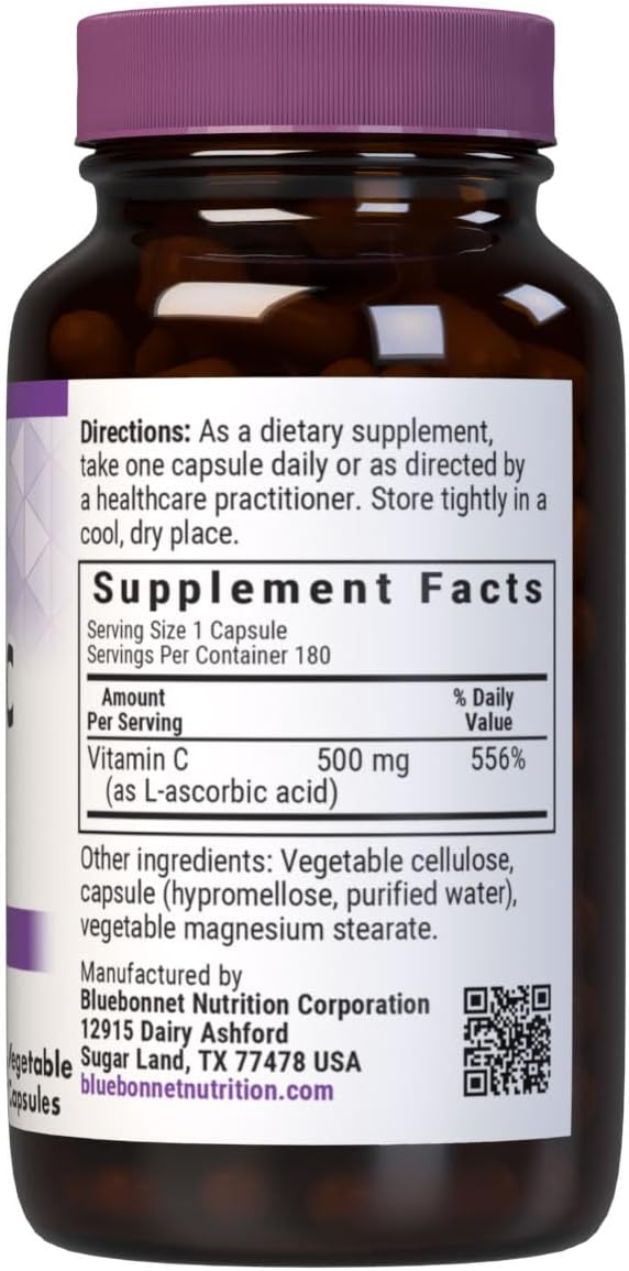 Bluebonnet Nutrition Vitamin C 500 mg Vegetable Capsules Ascorbic Acid for Immune Health &amp Skin Health Vegan Vegetarian Non GMO Gluten Free Soy Free Milk Free Kosher 180 Vegetable Capsul