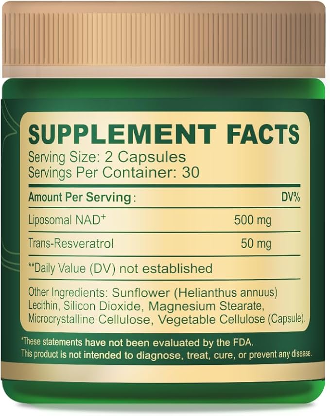 Liposomal NAD+ Supplement 500 Mg with NAD Trans-resveratrol 50 Mg – Cellular Energy &amp Mitochondrial Support – Healthy Aging &amp Antioxidant Support – 60 Capsules (30 Servings)