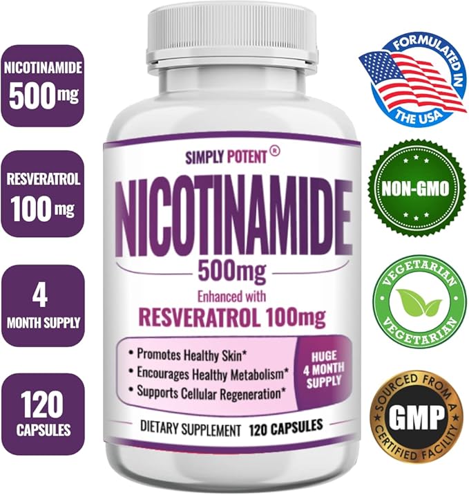 Simply Potent Nicotinamide 500mg with Resveratrol 100mg - 120 Veggie Capsules - Vitamin B3 Supplement Pills to Support NAD Skin Cell Health &amp Energy