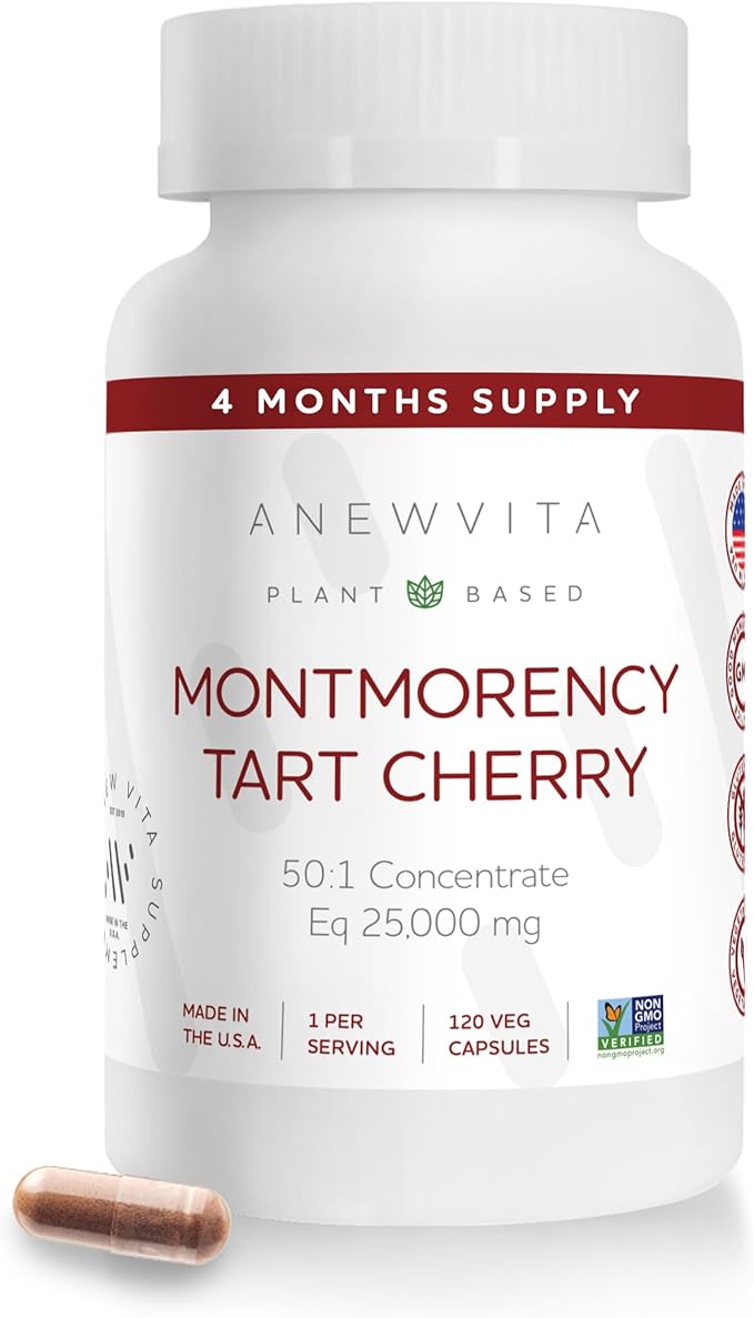 Montmorency Tart Cherry Non GMO Capsules - CherryPure 50:1 Concentrate eq. 25000 mg - Antioxidants &amp Flavonoids Tart Cherry Extract for Gout &amp Muscles - 120 Veggie Capsules - 4 Month Suppl