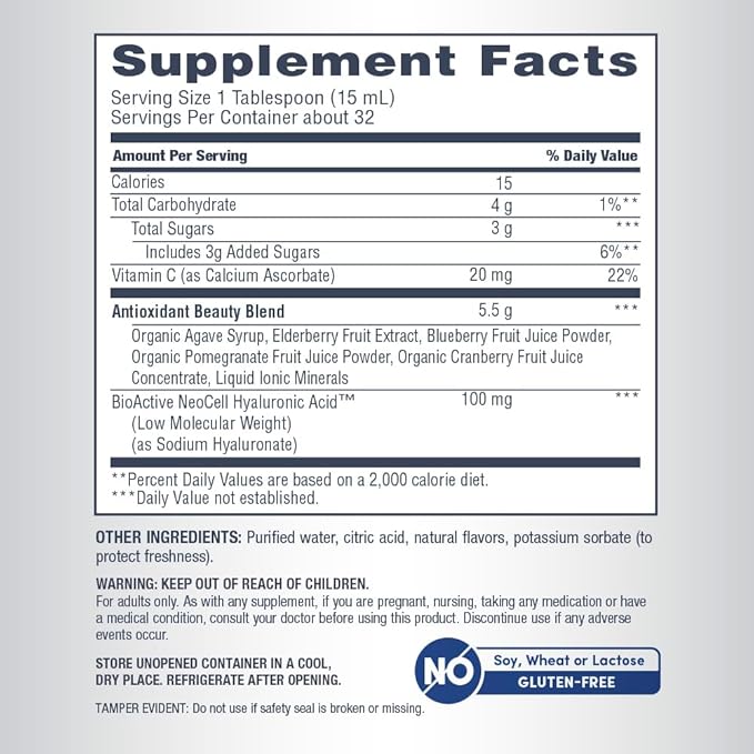 NeoCell Liquid Hyaluronic Acid | 16 fl oz | with Vitamin C | Skin Hydration | Antioxidant Supplement | Blueberry Flavor