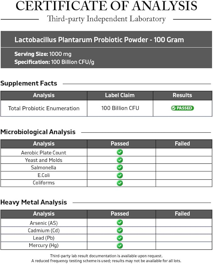 Vitamatic Lactobacillus Plantarum Probiotic Powder - Digestive Health Support - 100 Gram (3.5 OZ) - 100 Servings