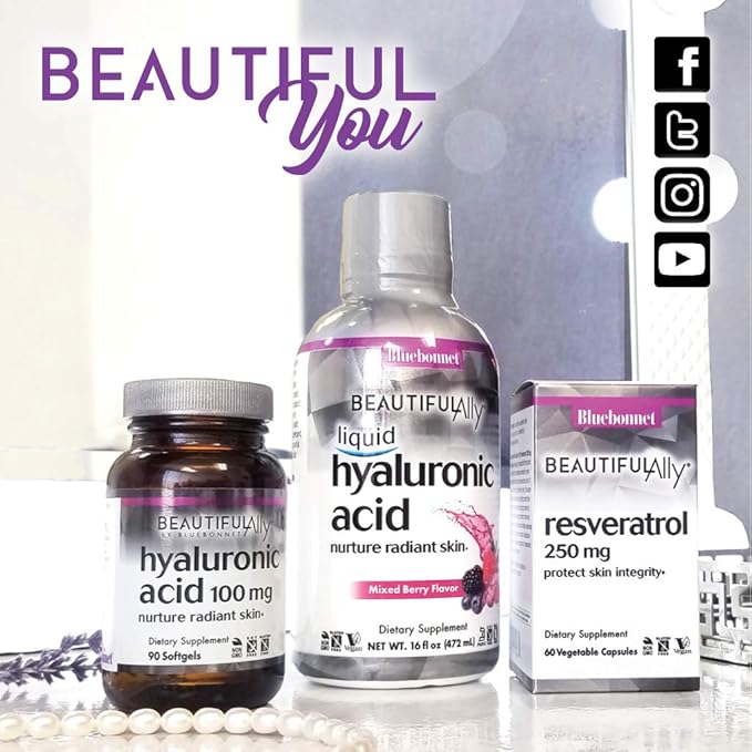 Bluebonnet Nutrition Beautiful Ally Hyaluronic Acid 100mg Nurture Radiant Skin* Non-GMO Gluten-Free Soy-Free 90 Softgels 90 Servings