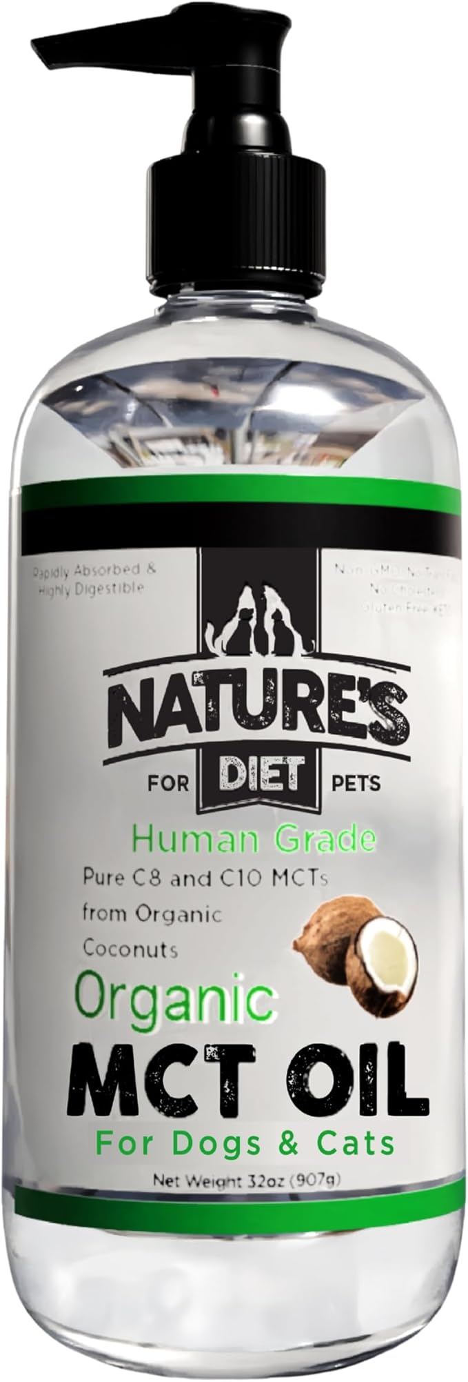 Nature's Diet Organic MCT Oil for Dogs and Cats 32 oz (907g) Human Grade Pure C8 and C10 MCTs from Organic Coconuts