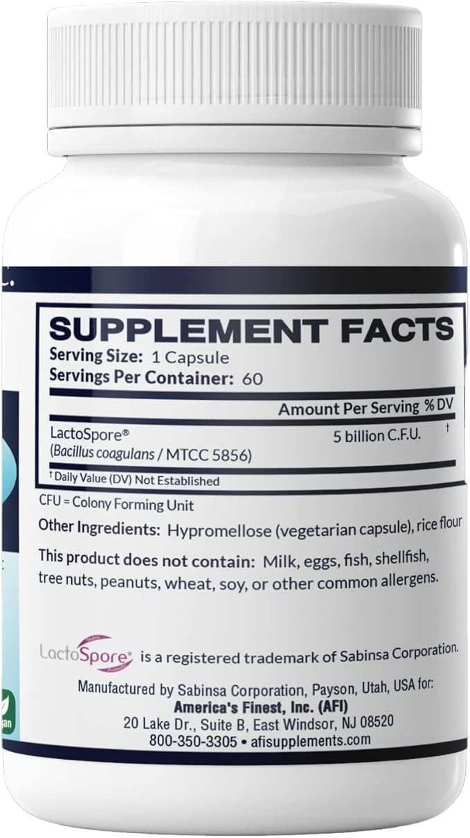 AFI LactoSpore® ES Spore Probiotic | 5B CFU Heyndrickxia Coagulans | Supports Gut Digestive Immune &amp Vaginal Health | Positive Mood Balance I Dairy Gluten &amp Soy Free | Made in USA - 60 Caps