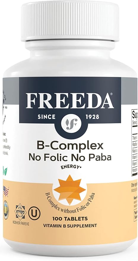 Freeda Vitamin B Complex No Folic No PABA - Super B Complex Kosher Vitamin Supplement with Vitamin B1 Vitamin B2 Vitamin B3 Vitamin B5 Vitamin B6 Vitamin B12 - Vit B Complex B for Women &amp Men (100