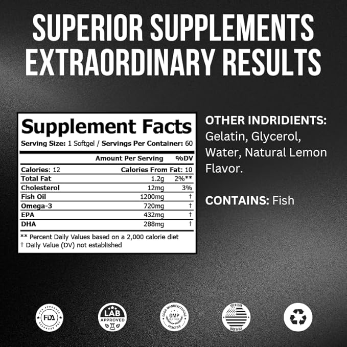 – Omega-3 Fish Oil Supplement with EPA &amp DHA - Heart Brain Joints Skin Eyes &amp Immune Health - Non-GMO – 60 Softgels