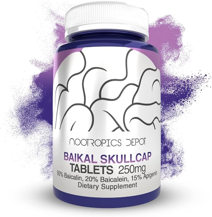 Nootropics Depot Baikal Skullcap Extract Tablets | 250mg | 120 Count | &gt15% Apigenin &gt20% Baicalein &gt50% Baicalin