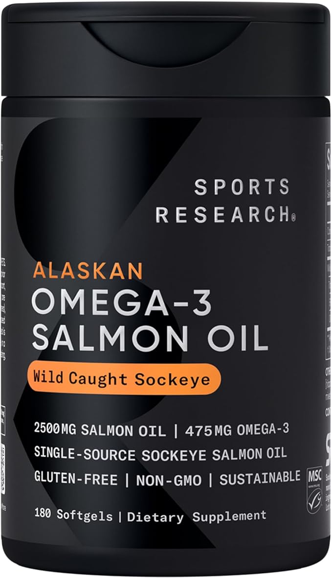 Sports Research® Salmon Oil - Single-Source Wild Alaskan Sockeye | 2500 mg per Serving w/EPA &amp DHA Fatty Acids | MSC Certified - 180 Count Softgels