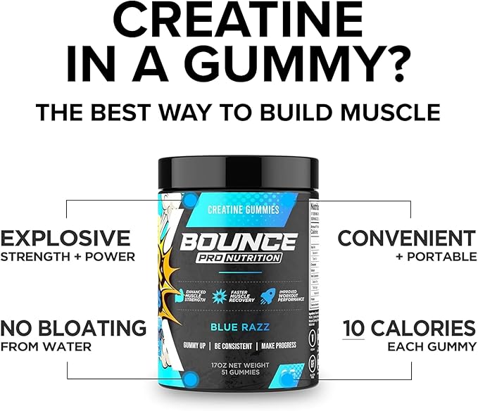 Bounce Pro Creatine Monohydrate Gummies for Men &amp Women Low Calorie 6G of Creatine per Serving Vegan Anti-Melting Gluten-Free Non-GMO 2g of Creatine per Gummy (51ct Blue Razz)
