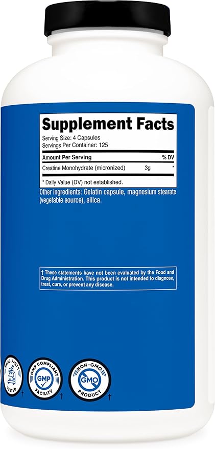 Nutricost Micronized Creatine Monohydrate 3000mg 500 Capsules 125 Servings 750mg of Creatine Monohydrate Per Capsule
