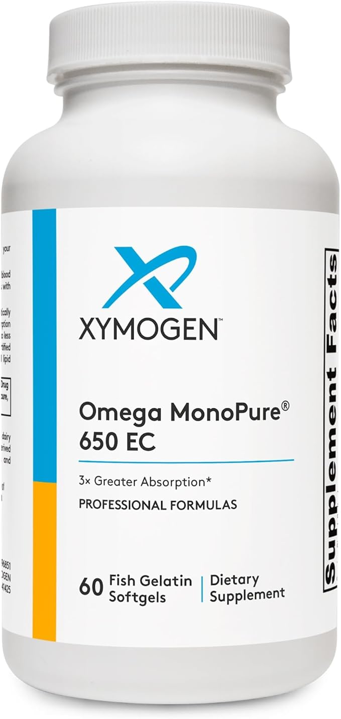 XYMOGEN Omega MonoPure 650 EC - Heart &amp Brain Support - DHA &amp EPA Omega-3 Fish Oil - Monoglyceride High Absorption Softgels - Enteric Coated - 60 Softgels