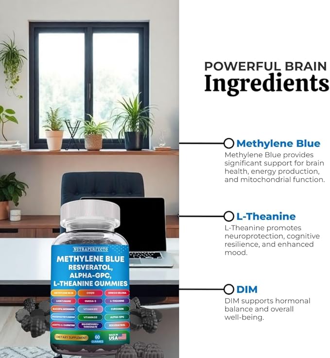 Sugar Free Methylene Blue Gummies Supplement with L-Theanine DIM Myo-Inositol D-Chrio Choline DHA for Mental Clarity Focus Brain Memory Cognitive Support Vitality Performance Neuroprotection