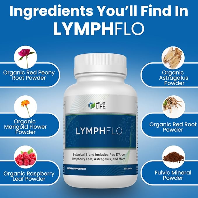 LymphFlo: Herbal Support for Detox Immunity &amp Well-Being. Formulated with PAU d’Arco Cleavers &amp Red Peony Root in 1100mg 180 V-Capsules to Optimize Lymphatic Function Enhance Vitality