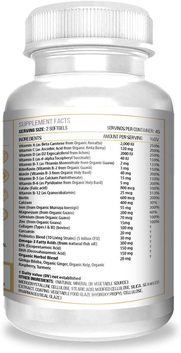 ACTIF Organic Multivitamin for Women Age 70+ with 20+ Advanced Factors and Omega-3 Oil Non-GMO Made in USA 90 Count RealCaps