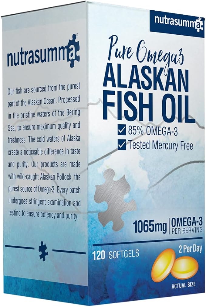 Nutrasumma High Purified Omega 3 Supplement Wild Alaskan Fish Oil Burpless &amp No Fishy Taste 650mg EPA &amp270mg DHA of 1250mg Fish Oil softgels Gluten Free Heart Brain&amp Immune Support 60