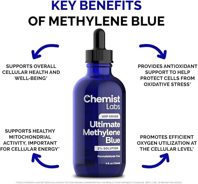 2% Pharmaceutical Grade Methylene Blue Liquid Solution - 99% Purity USP Grade Blue Methylene Cellular &amp Mitochondrial Support Third-Party Tested Made in USA 4oz