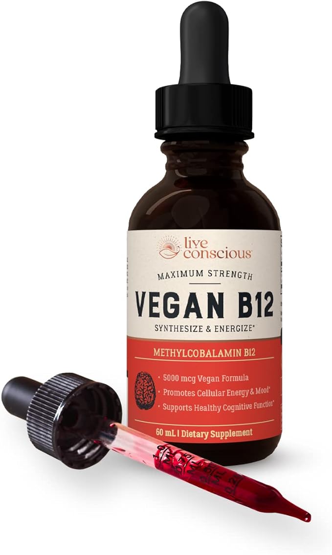 Live Conscious Vegan Vitamin B12 Sublingual Liquid Drops Methylcobalamin Max Strength B12 5000mcg Formula - Vegan B 12 Vitamin Support Energy Promote Memory &amp Aid Immune System (2 Pack)