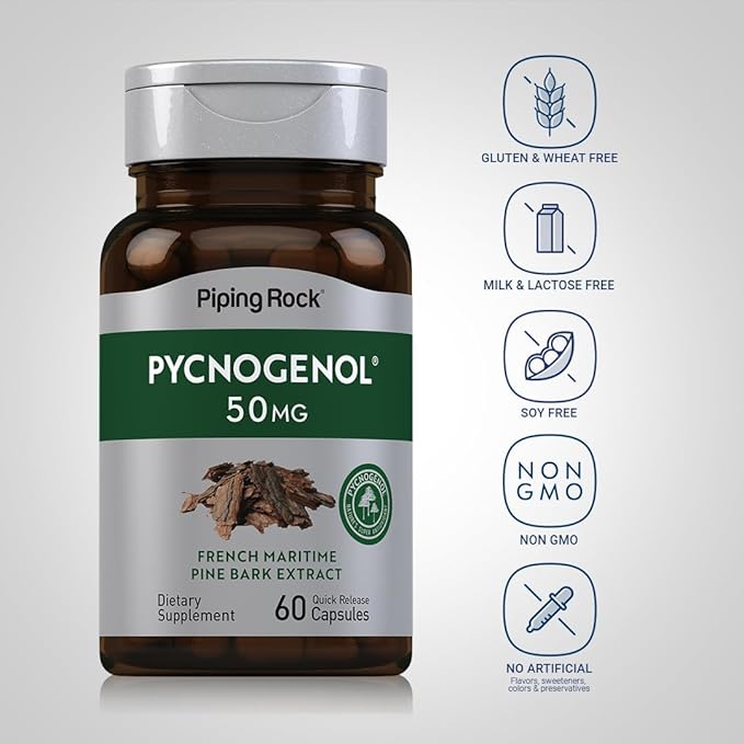 Piping Rock Pycnogenol Supplement | 50 mg | 60 Capsules | French Maritime Pine Bark Extract | Pinus Pinaster for Men and Women | Non-GMO Gluten Free