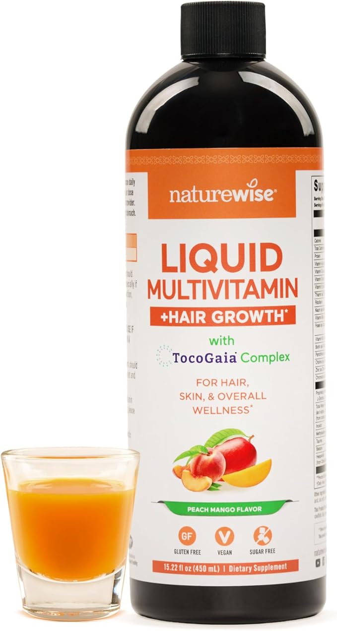 NatureWise Liquid Multivitamin Hair Growth for Women &amp Men + Tocogaia® for Hair Growth &amp Skin Elasticity Support + Biotin Vitamin D E B - Sugar Free Multivitamin Vegan - 15 fl oz[15 Servin