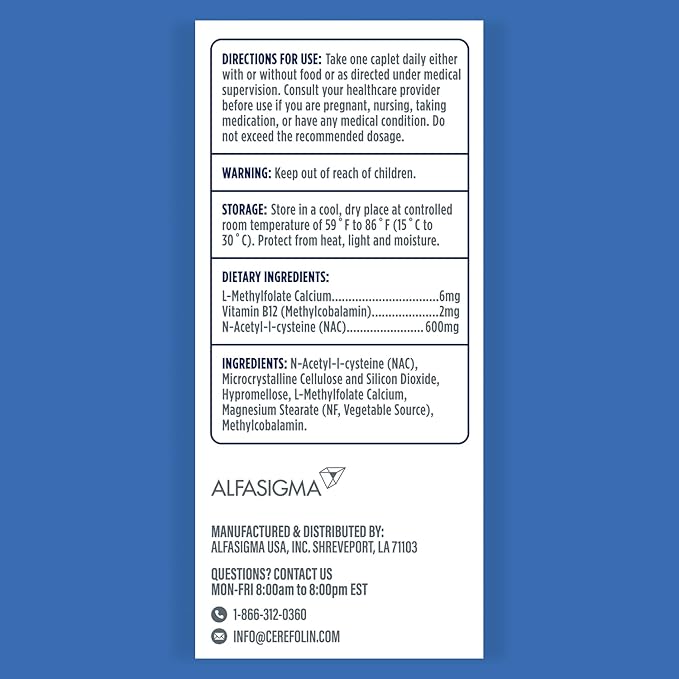 Cerefolin Brain Wellness Targeted Nutrition for Cognitive Support Improves Memory Focus &amp Concentration L-Methylfolate NAC B12 Neurologist Recommended (60 Count)