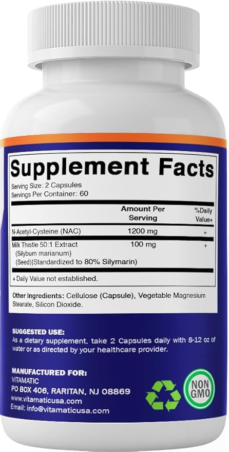 Vitamatic NAC Supplement N-Acetyl-L-Cysteine (NAC) with Milk Thistle 50:1 Extract - Supports Immune Respiratory Liver Health 1200 mg per Serving 120 Veg Capsules - 2 Pack