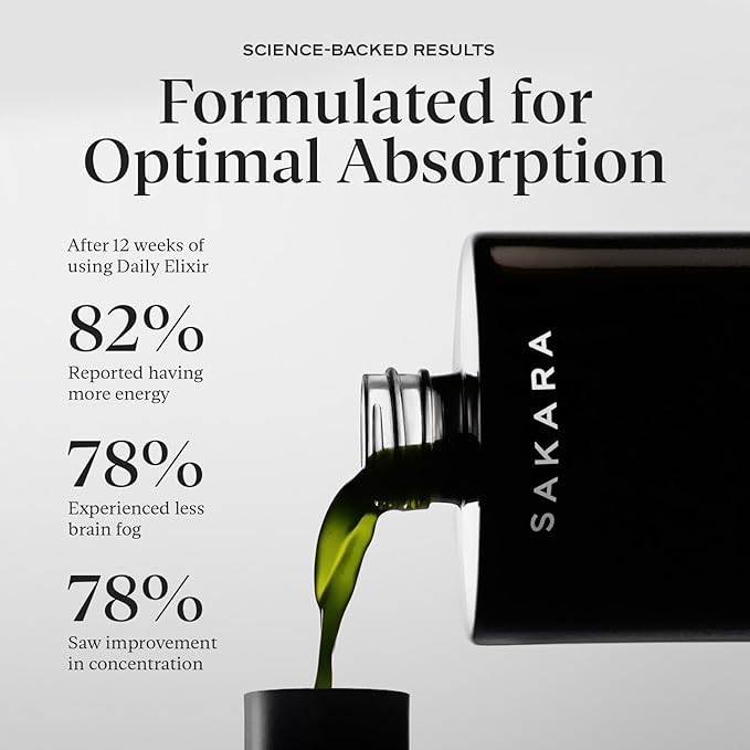 SAKARA Daily Elixir Liquid Multivitamin – High-Absorption Plant-Based Vitamins &amp Minerals for Energy Skin Hair &amp Nail Health with Vitamin E Selenium &amp Folate Sugar-Free Lemon Verbena M