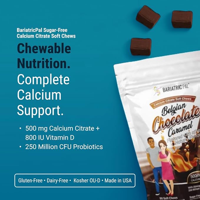 BariatricPal Sugar-Free Calcium Citrate Soft Chews | 500mg with Vitamin D &amp Probiotics | Belgian Chocolate Caramel | 90 Count (1 Month Supply)
