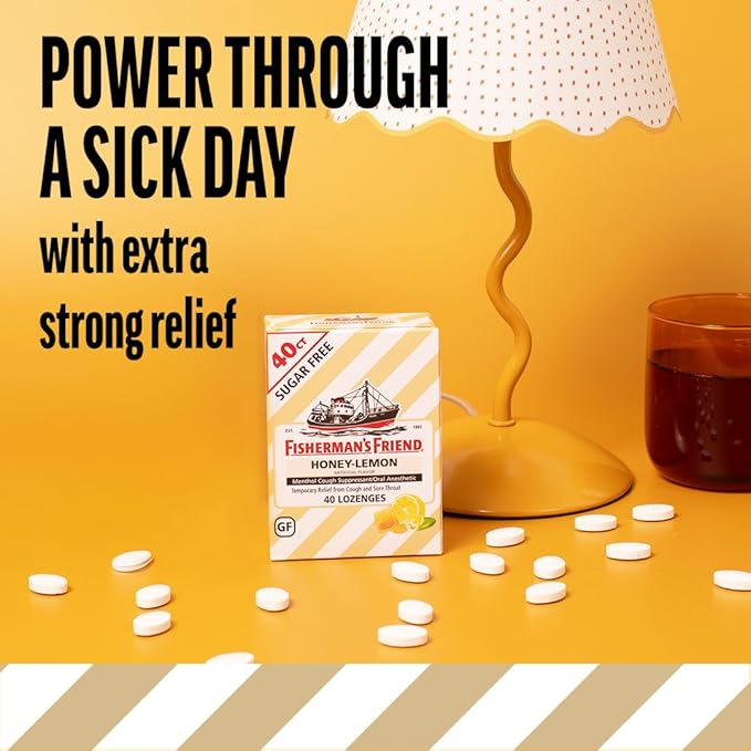 Fisherman's Friend Sugar Free Honey-Lemon Flavored Cough Lozenges (40 Drops x 6-Pack) 5.52mg Natural Menthol Cooling Relief from Sore Throat Persistent Cough &amp Irritation Vegan &amp Gluten-Fr