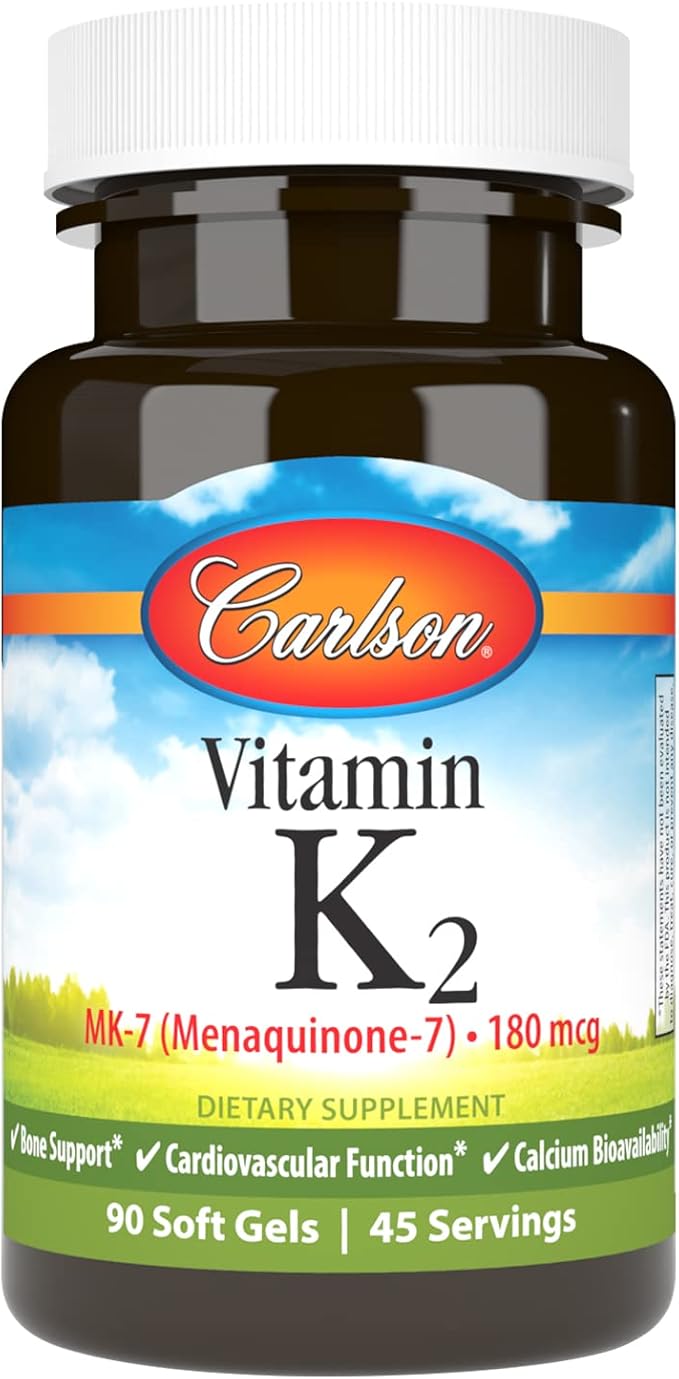 Carlson - Vitamin K2 MK-7 (Menaquinone) 180 mcg Bone Support Calcium Bioavailability K2 Vitamin Vitamin K-2 90 Softgels