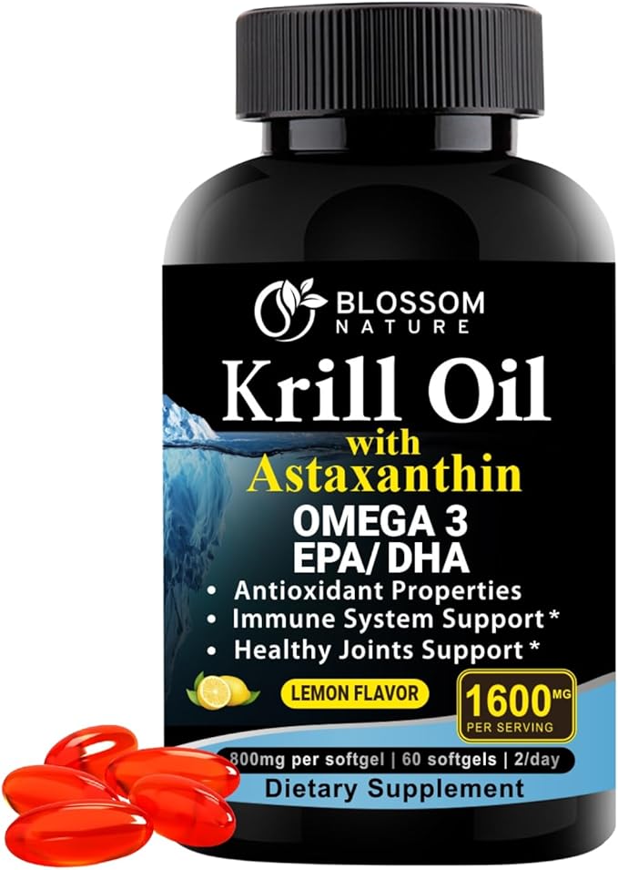 Antarctic Krill Oil Softgels–1600mg per Serving with 2mg Astaxanthin High Omega‑3 (174mg EPA &amp 120mg DHA) in Phospholipid Form–Supports Joint Heart Skin &amp Brain Health–60 Lemon-Flavored Sof