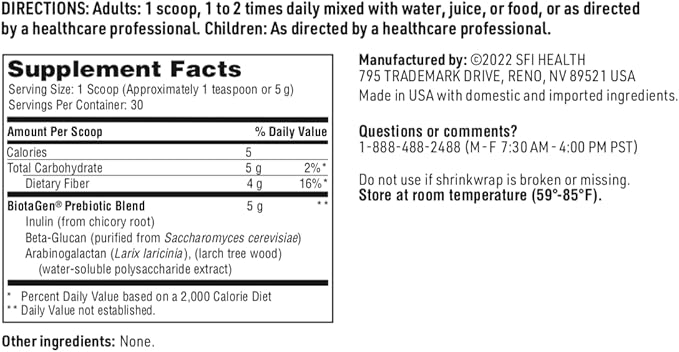 SFI Health Klaire Labs Biotagen Powder - Prebiotic Inulin Beta-Glucan &amp Arabinogalactan to Support Gut Microbiota (30 Servings 150 Grams)