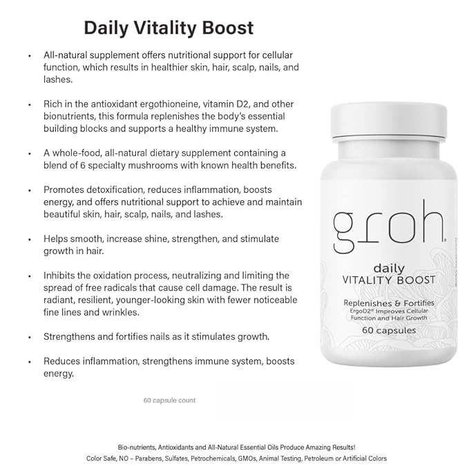 Groh Daily Vitality Boost - All Natural Hair Growth Supplement powered by ErgoD2 - Rich in Antioxidants - Vitamins for Stronger Hair Skin &amp Nails- Best Choice for Thinning Hair - 60 Count