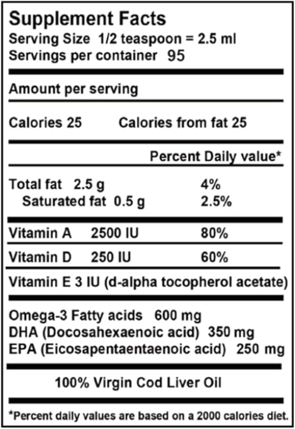 Virgin Cod Liver Oil - 8 Fl oz Natural Wild Caught &amp Fresh Tasting High in Vitamin D Omega 3 DHA/EPA (Original Taste-Unflavored)