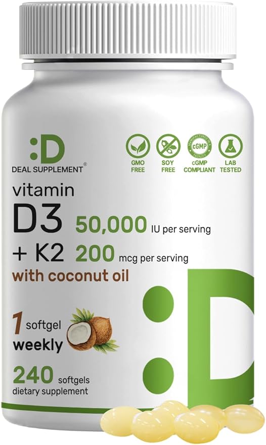 DEAL SUPPLEMENT Vitamin D3 50000 IU + K2 MK7 200mcg Softgels 240 Count | 2-in-1 Complex with Virgin Coconut Oil | Supports Heart Bone Teeth &amp Immune Health | Easy to Swallow