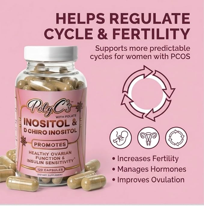 POLYC'S Inositol Supplement for Women - Myo-Inositol &amp D-Chiro Inositol Capsules 40:1 Ratio Hormone Balance Aid and Women's Menstrual Health Ovarian &amp Ovulation Support Vegan 120 Capsules
