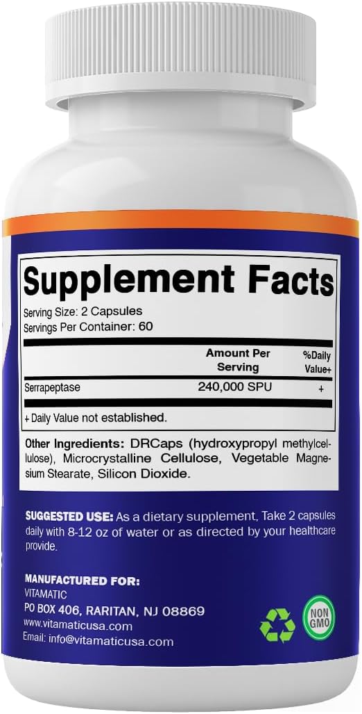Vitamatic Serrapeptase 240000 SPU Servings 120 Delayed Released Capsules - Enteric Coated - Non-GMO- Made in the USA (120 Count (Pack of 2))