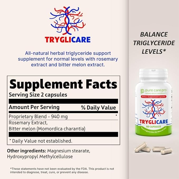 Tryglicare All-Natural Triglyceride Lowering Supplements for Maintaining Healthy Triglycerides Levels as a Daily Supplement Vegan &amp Gluten Free* (60 Capsules)