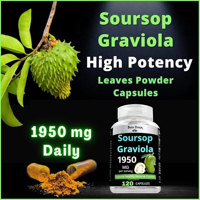 1950mg Soursop Graviola Capsules (Guanábana) Organic Leaves Powder Rich in Potent Anti-Oxidants - 120 Capsules 40 Servings