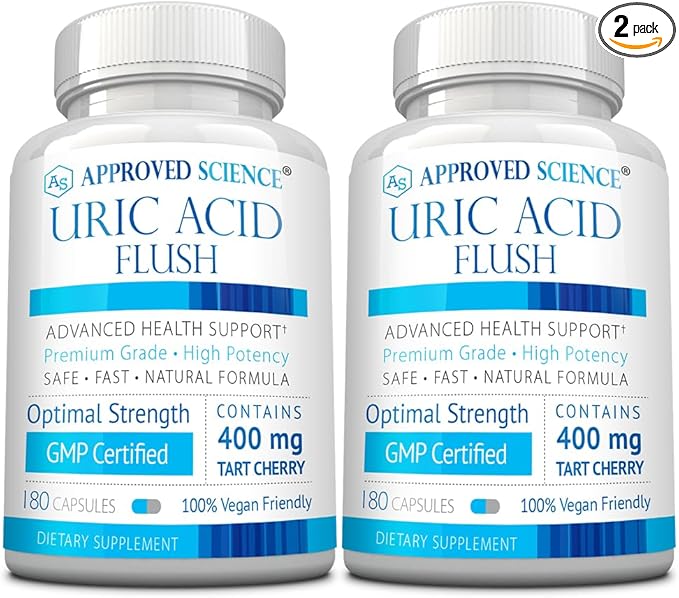 Approved Science Uric Acid Flush Supplement - Tart Cherry Turmeric Milk Thistle - Joint Support &amp Active Mobility - Made in USA - Vegan - 180 Capsules Per Bottle - 6 Month Supply - 2 Bottles