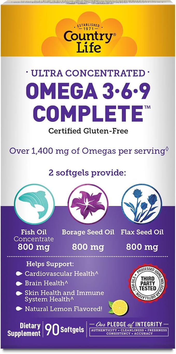 Country Life Omega 3-6-9 Complete Supplement - 1534mg Omega Fatty Acids - Supports Cardiovascular Brain Skin &amp Immune Health - Certified Gluten Free Non-GMO - 90 Softgels